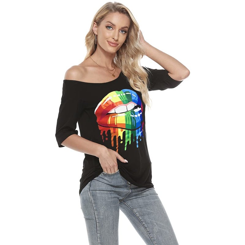 MAGICMK Women Casual Plus Size Lips Print Off Shoulder T-Shirt Tops (XL, Black+XXMOUTH) - Image 4